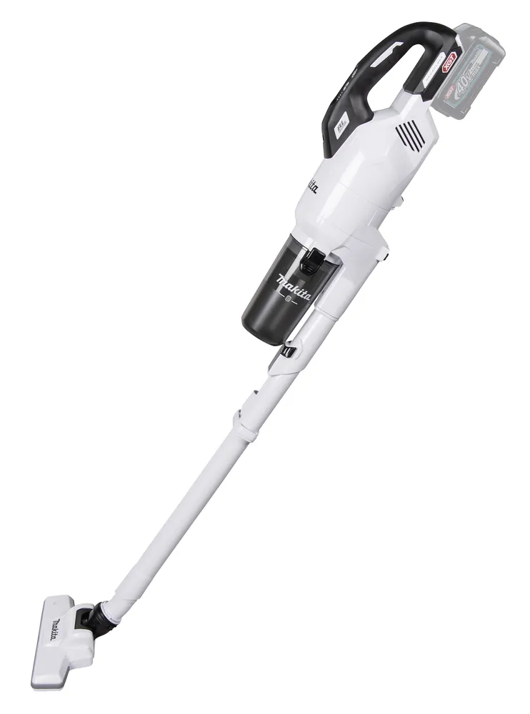 Pildil on valge Makita CL003GZ10 akutolmuimeja koos musta tolmukogujaga ja akuga.