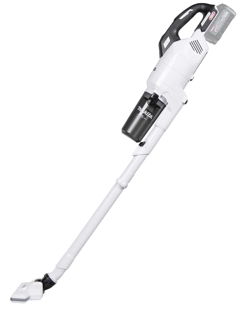 Pildil on Makita CL003GZ10 akutolmuimeja, mis koosneb valgest torust, käepidemeosast akuga ning puhastusotsikust.