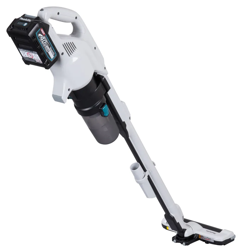 Pildil on Makita aku varstolmuimeja CL004GD101, XGT, millel on must ja valge korpus ning integreeritud tolmu kogumispaak.