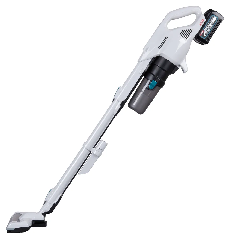 Pildil on Makita aku varstolmuimeja CL004GD101, XGT, mis koosneb valgest ja mustast korpusest, teleskoopsäärost ja otsikust.