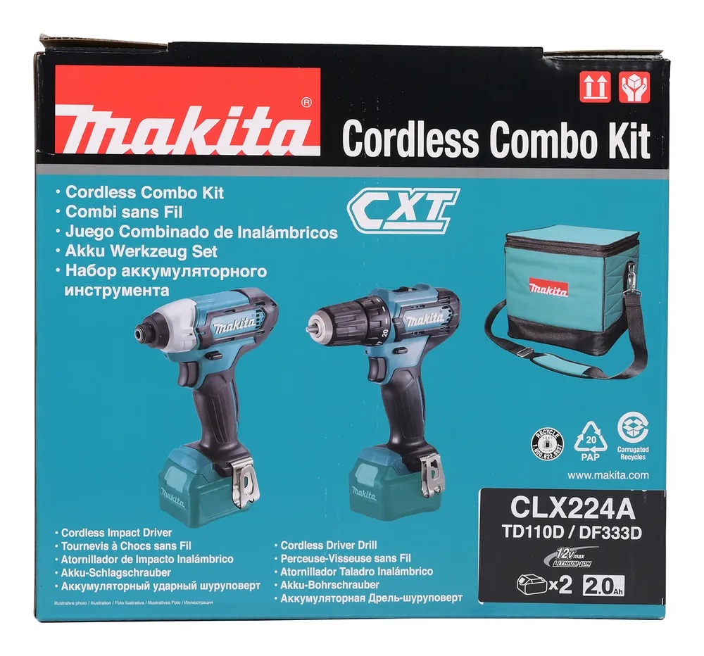 Pildil on Makita combokit CLX224A, mis sisaldab akulöökkruvikeerajat, akukruvikeerajat ja kotti.