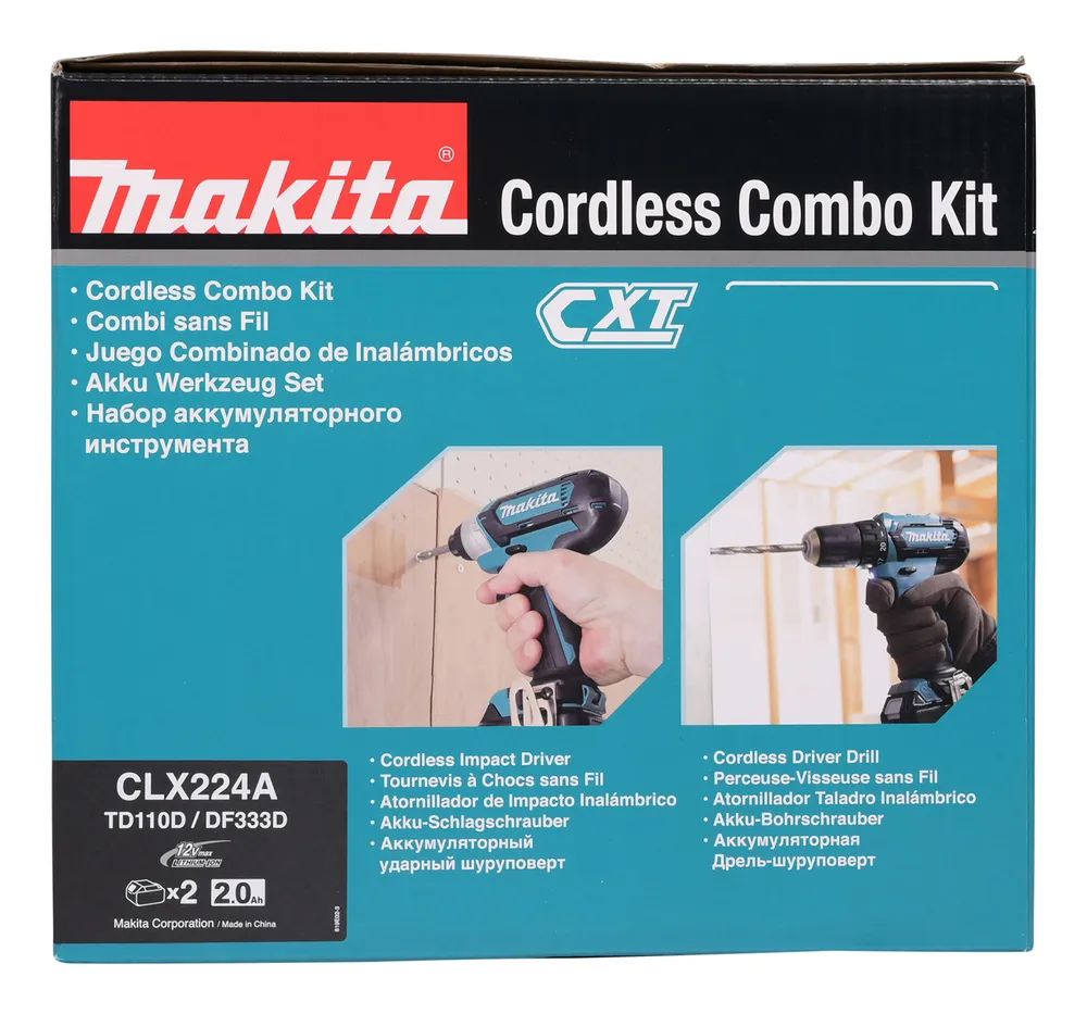 Pildil on Makita combokit CLX224A karp, millel on kujutatud kaks akuga tööriista: löökmutrikeeraja ja puur-kruvikeeraja.
