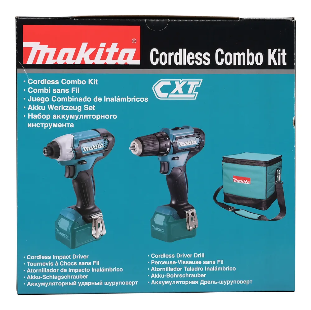 Pildil on Makita CLX224A combokit, mis sisaldab akutööriistu ja kotti.