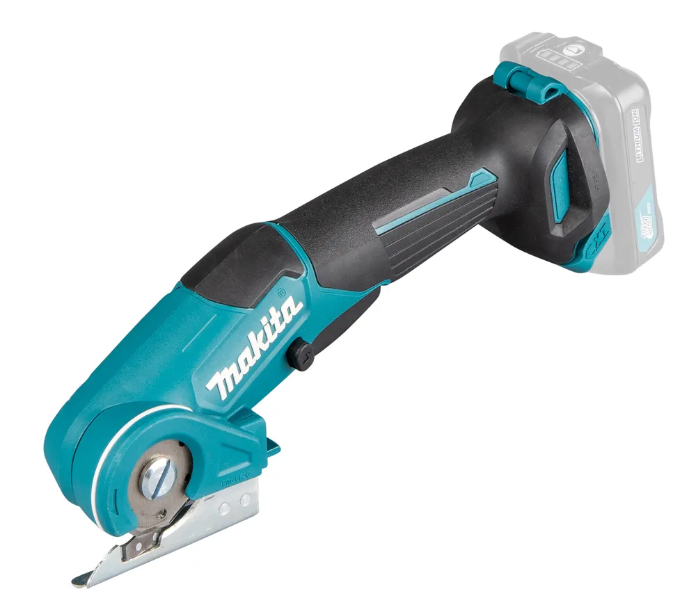 Pildil on Makita akuuniversaallõikur CP100DZ, mis on nähtav oma ere sinise ja musta disainiga.