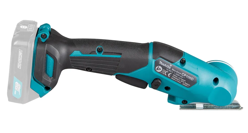 Pildil on näha Makita akuuniversaallõikur CP100DZ koos aku kinnitusega ja lõiketallaga.