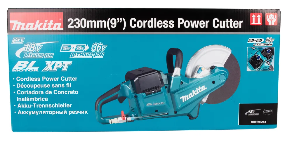 Pildil on Makita 230mm akutoitega lõikur, mis on pakendatud karbile.