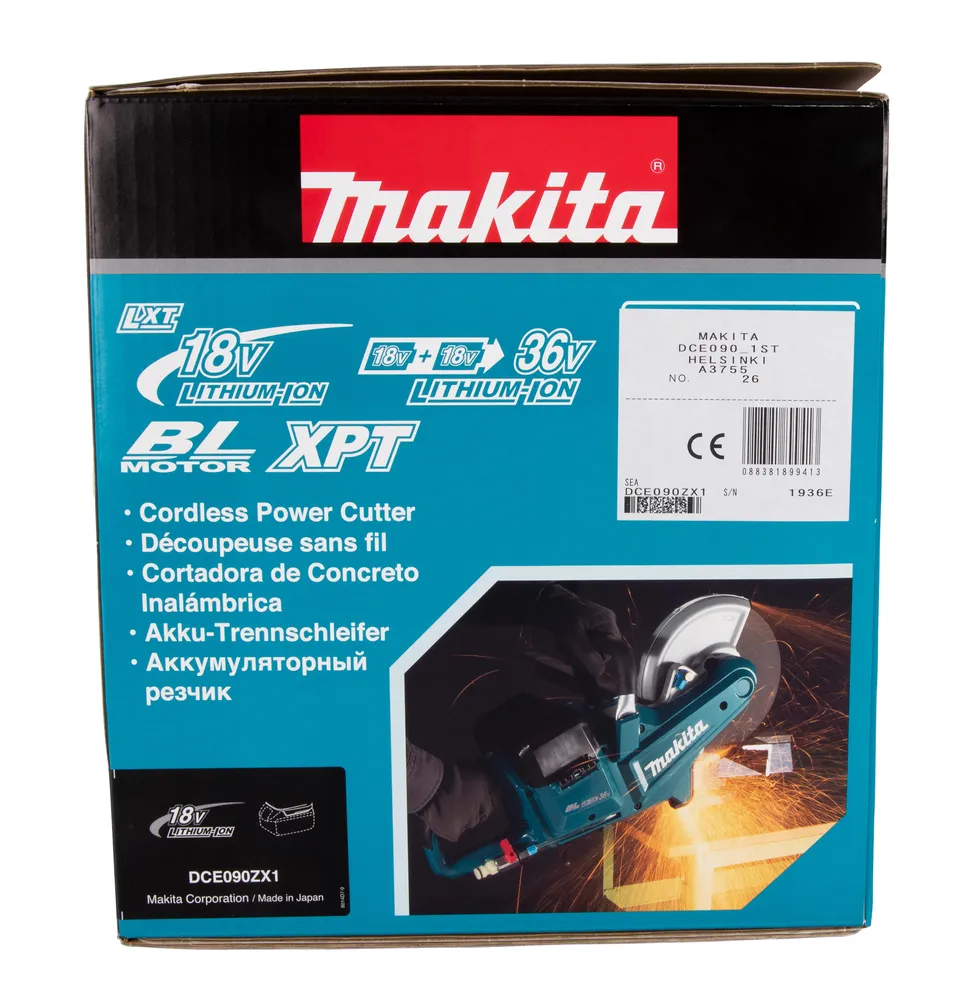 Pildil on Makita akulõikuri DCE090ZX1 karp, millel on toote informatsioon ja pilt seadmest.