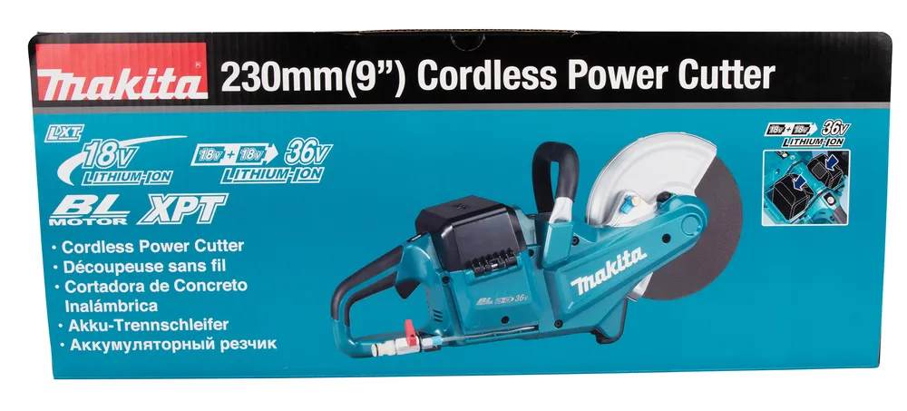 Pildil on Makita 230mm (9") akutoitega lõikur, millel on mitmekeelne pealkiri ja toote kirjeldus.