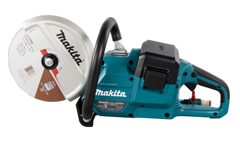 Pildil on Makita akulõikur DCE090ZX1, mida kasutatakse lõikamiseks.