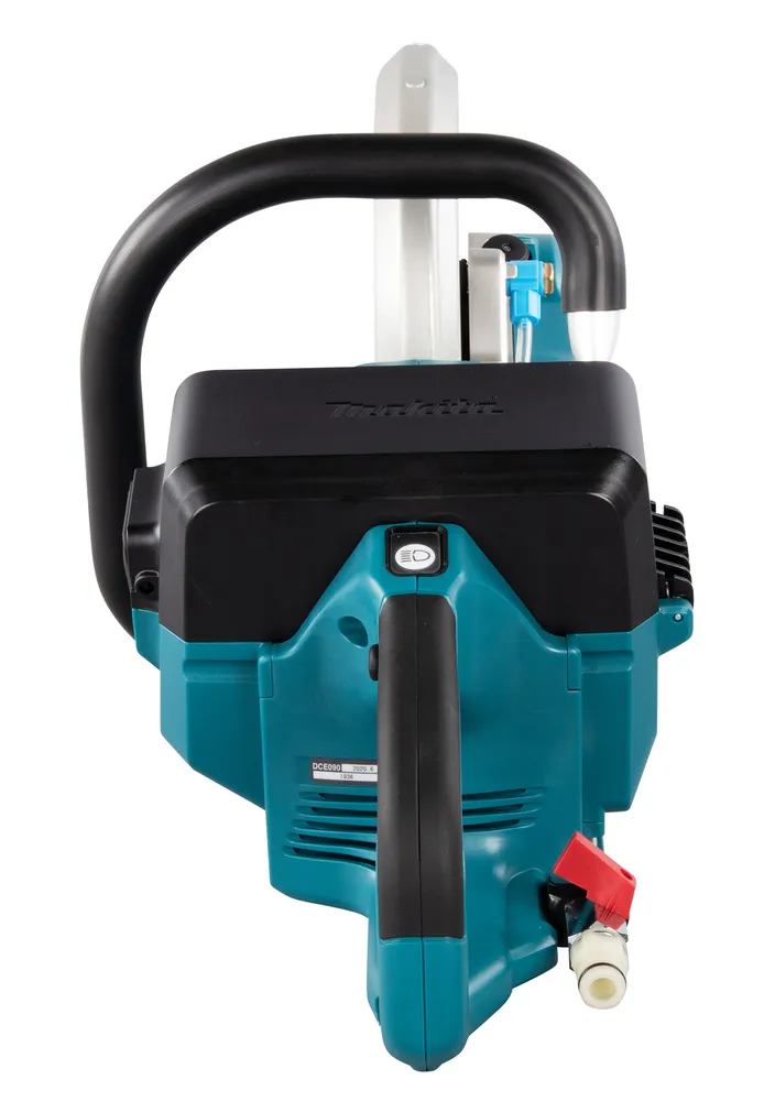 Pildil on Makita akulõikur DCE090ZX1, millel on silmapaistev sinine ja must värvilahendus ning must käepide üleval.