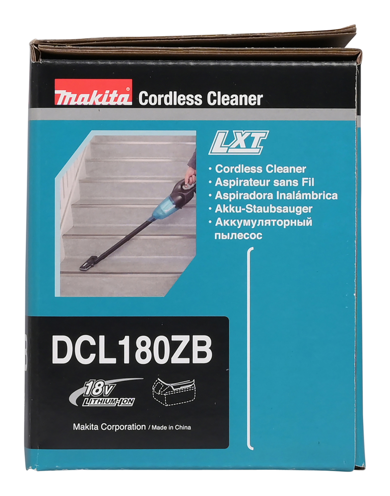 Pildil on Makita DCL180ZB akuvarstolmuimeja pakend, millel on kujutatud tolmuimejat treppidel kasutamas.