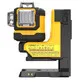 Pildil on näha kollane ja must DeWalt ristlaser DCLE34035D1 koos selle kinnitus- ja reguleerimisvahenditega.