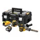 Pildil on DeWalt akulintlihvija DCM200E2T koos kahe akuga, laadija ja hoiukarbiga.
