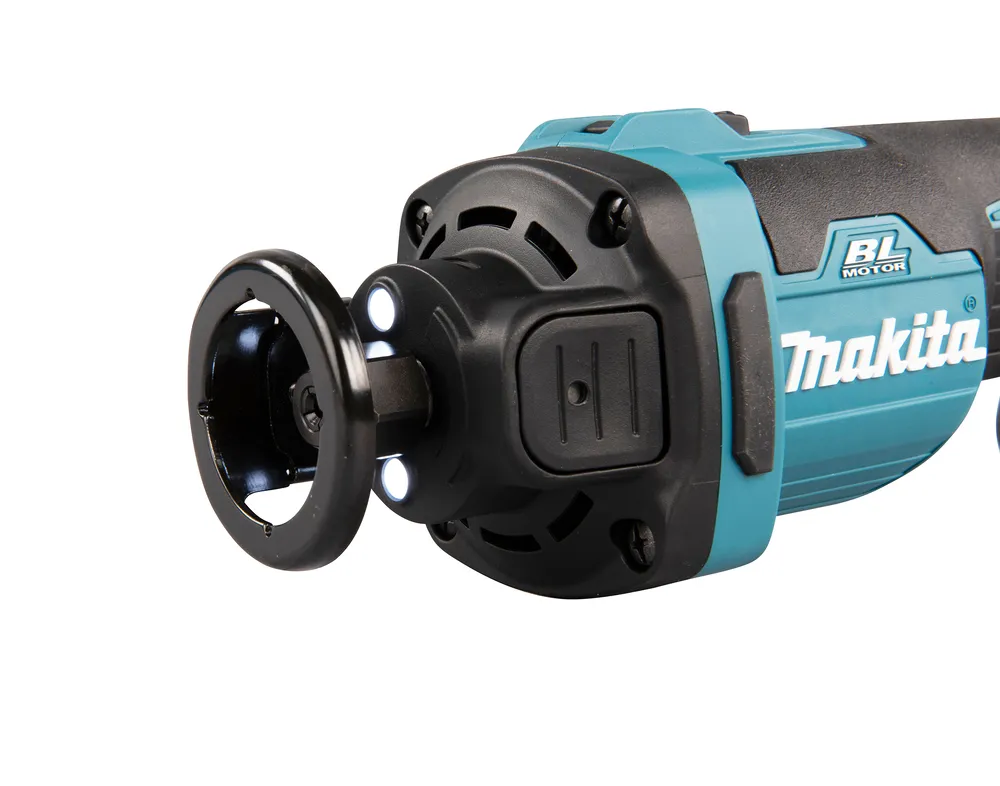 Pildil on Makita akukipsplaadi lõikur DCO181Z koos oma lisatarvikutega.