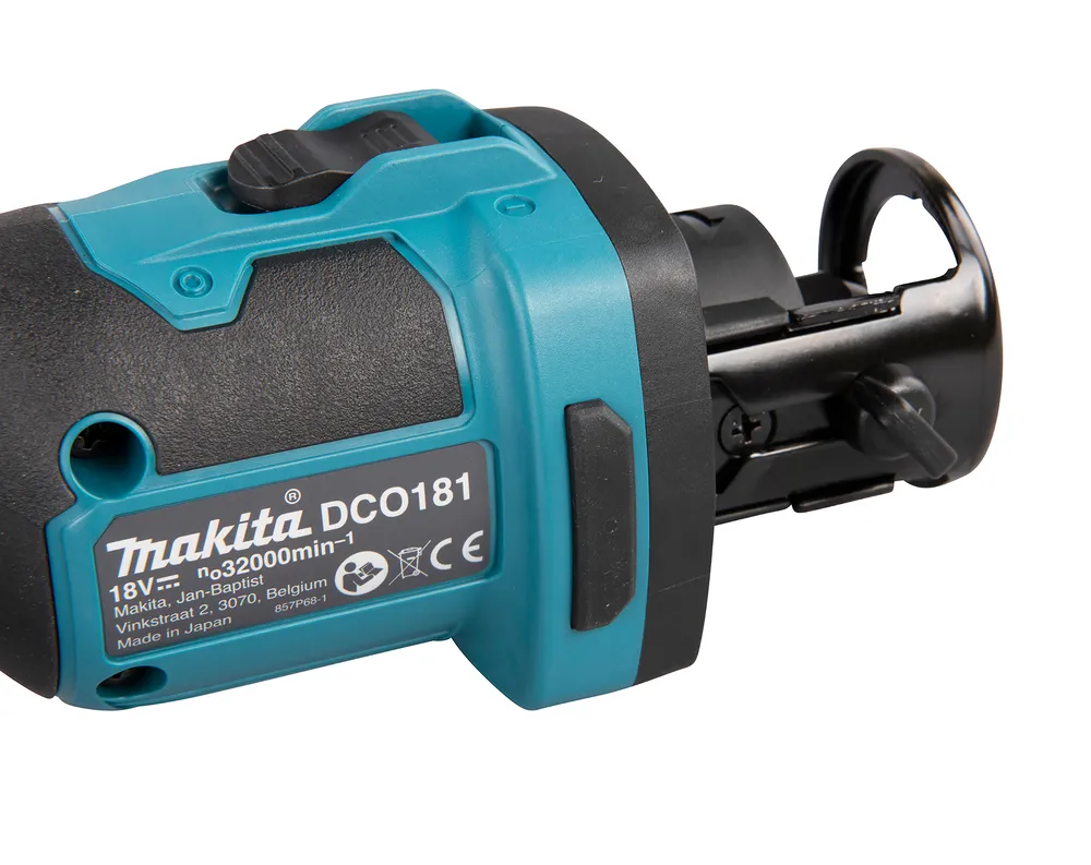 Pildil on näha Makita akukipsplaadi lõikuri DCO181Z osa, mis on sinise ja musta värvi.