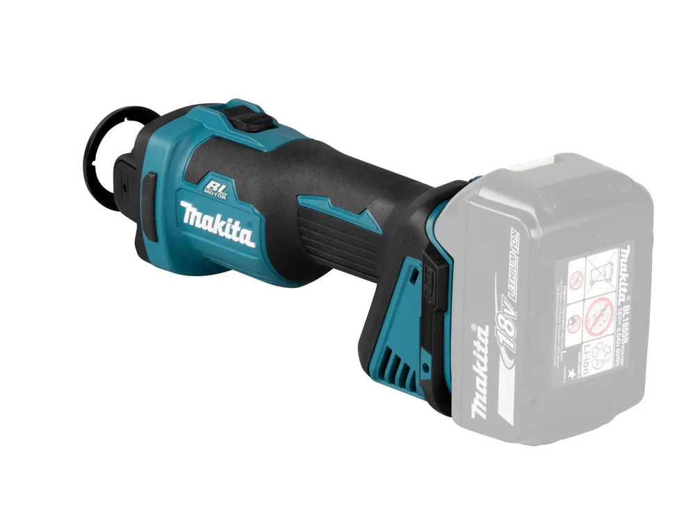 Pildil on näha Makita akukipsplaadi lõikur DCO181Z, millele on kinnitatud tühi 18V aku.