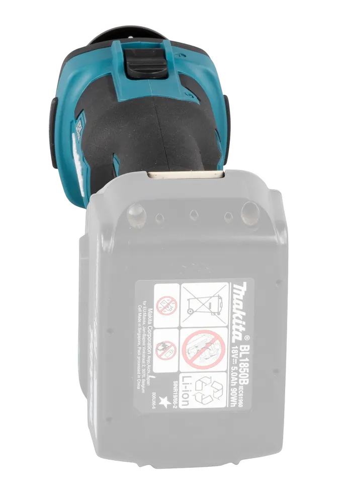 Pildil on näha Makita akukipsplaadi lõikur DCO181Z, mis on ühendatud halli Makita aku mudeli BL1850B külge.
