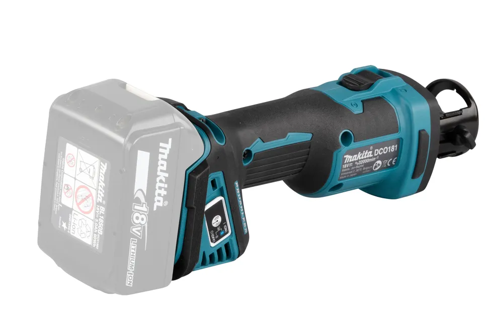 Pildil on Makita akukipsplaadi lõikur DCO181Z, mida on näidatud koos 18V akuga.