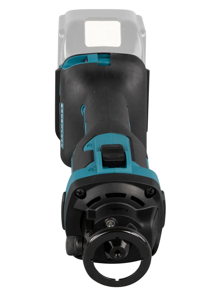 Pildil on Makita akukipsplaadi lõikur DCO181Z, millel on must ja türkiissinine korpus ning näha on osa türist, mis on...