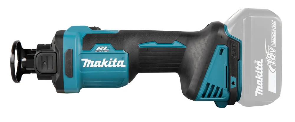 Pildil on Makita akukipsplaadi lõikur DCO181Z, mis on tööriist, millel on sinised ja mustad käepidemed ning sisseehitatud...