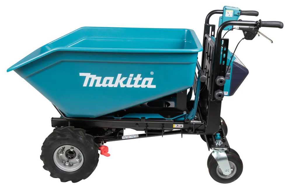 Pildil on Makita akutoitega aiakäru DCU602Z, millel on suur sinine kast, must raam, rool ja rattad.