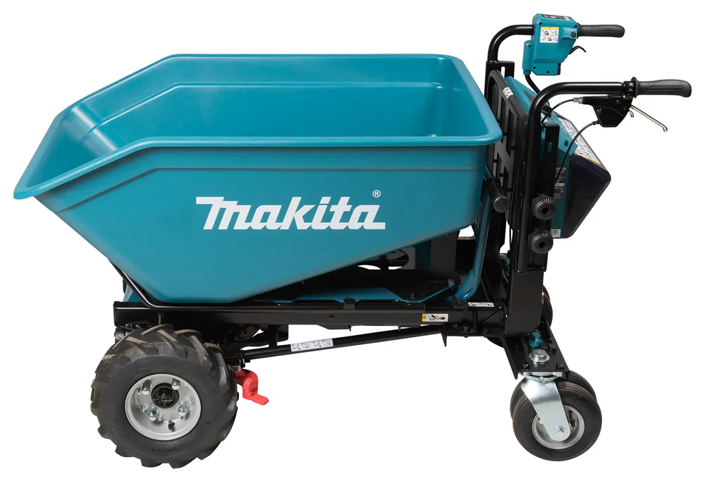 Pildil on Makita akutoitega aiakäru DCU603Z, mis on turqoiisi värvi ning näha on ka selle rattaid ja juhtimissüsteemi.