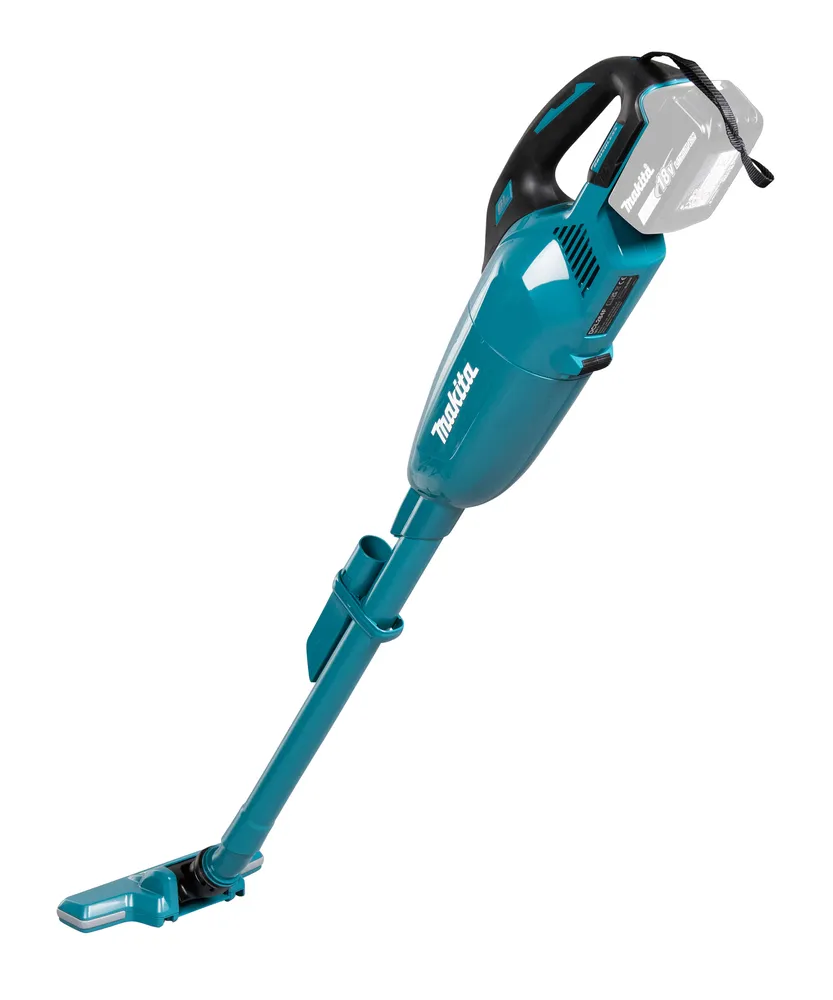 Pildil on Makita aku varstolmuimeja DCL284FZX2, nähtav on tolmuimeja kere, otsik ja 18V aku.