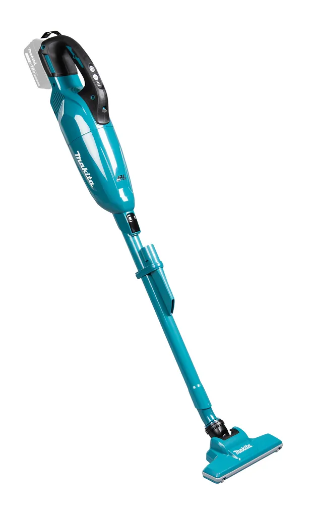 Pildil on sinine Makita aku varstolmuimeja DCL284FZX2, nähtavana selle korpus, vars ja tolmuotsik.