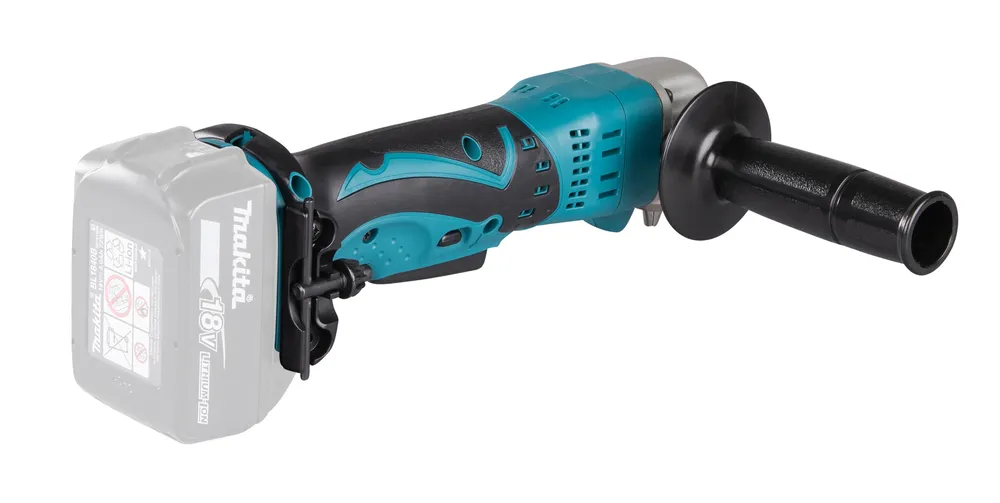 Pildil on Makita akunurktrell DDA350Z, millel on aku, käepide ja kinnitus.