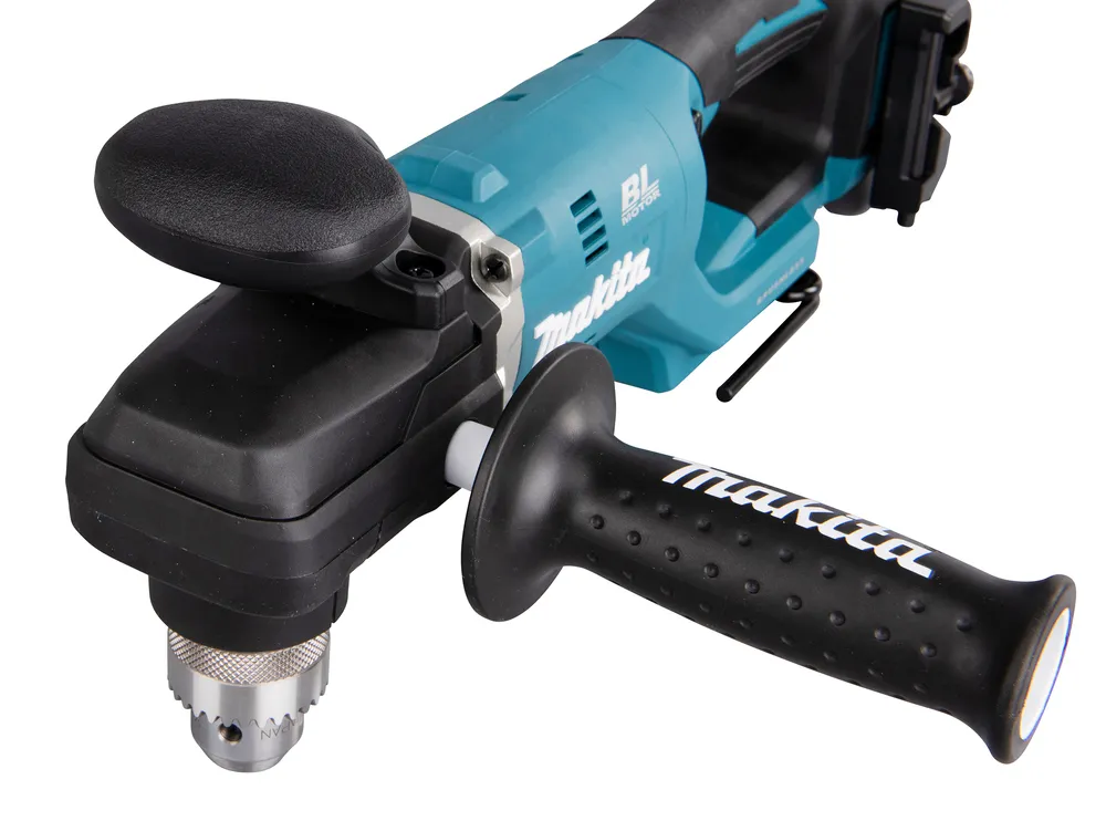 Pildil on näha Makita akunurktrell DDA450ZK, millel on lisakäepide ja must pealmine käepide.