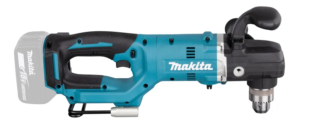 Pildil on Makita akunurktrell DDA450ZK, millel on aku küljes ja puuriteraga otsik.