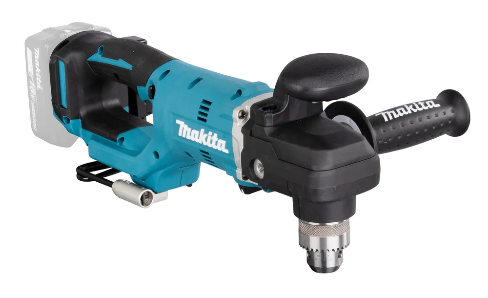 Pildil on näha Makita akunurktrell DDA450ZK, mis on varustatud lisakäepideme ja padruniga.