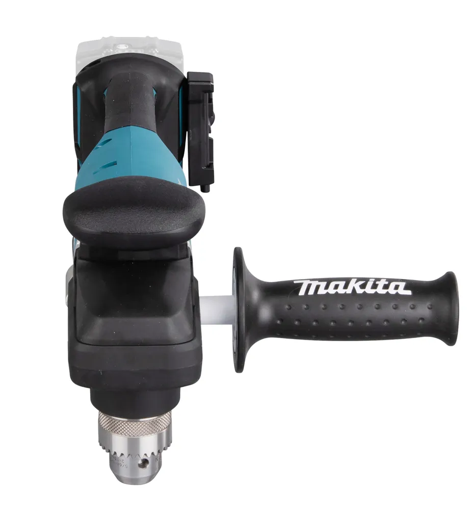 Pildil on Makita akunurktrell DDA450ZK, millel on must lisakäepide ja metallist padrun.