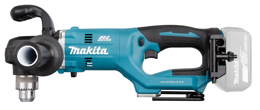 Pildil on Makita DDA450ZK akunurktrell, millel on juhtkäepide, ajam ja aku kinnitus.