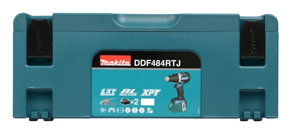 Pildil on näha Makita akutrell DDF484RTJ koos selle hoiukarbiga.