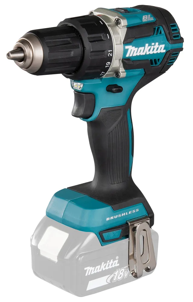 Pildil on Makita DDF484Z akutrell, millel on must ja türkiissinine korpus, metallist padrun ja BL mootori märgis.