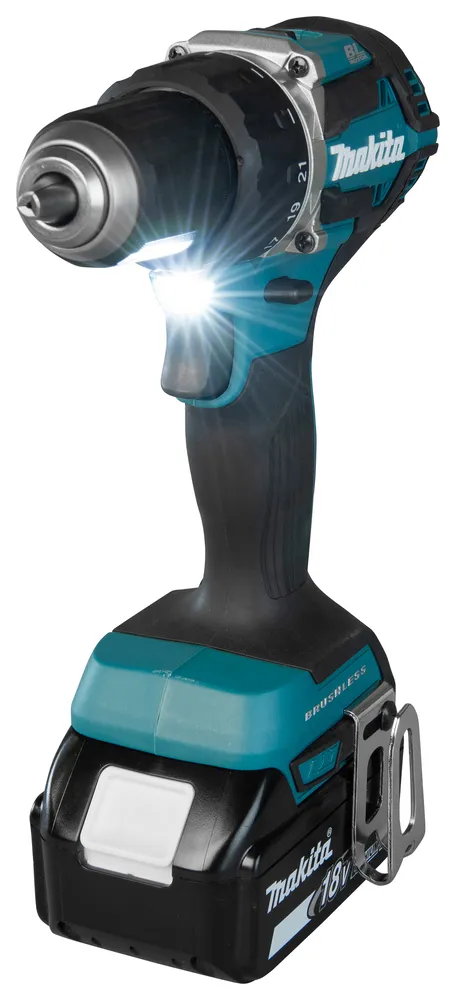 Pildil on kujutatud Makita akutrell DDF484Z, millel on sisse ehitatud LED-valgusti, pöörduv padrun ja aku kinnituskoht.