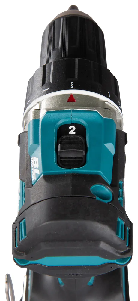 See pilt näitab Makita akutrelli DDF484Z peamist osa, kus on näha käigukastivalija number "2" ja "BL MOTOR" märgistus.