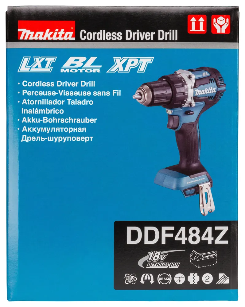 Pildil on näha Makita DDF484Z akutrelli pakend koos tööriista endaga.