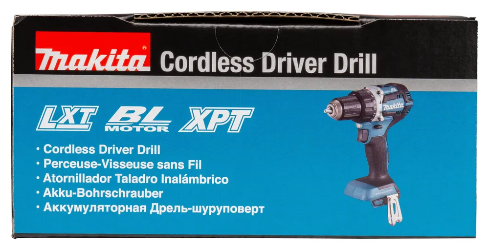 Pildil on näha Makita juhtmeta akutrell DDF484Z pakend, millel on toote nimetus ja omadused erinevates keeltes.
