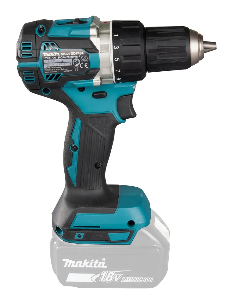 Pildil on näha sinine ja must Makita akutrell DDF484Z koos akuga.