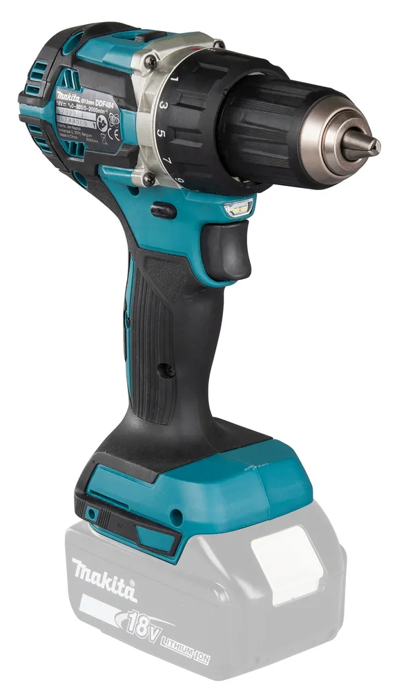 Pildil on näha Makita akutrell DDF484Z, millele on paigaldatud tühi aku, et näidata selle suurust.