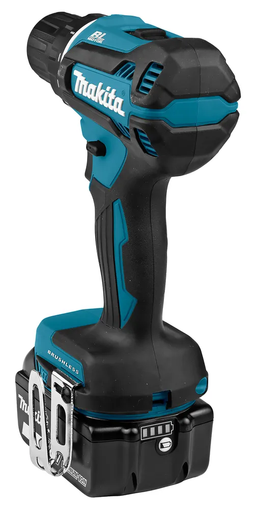 Pildil on Makita DDF485SF akutrell koos akuga, mis on valmistatud mustast ja sinakast plastikust ning metallist.