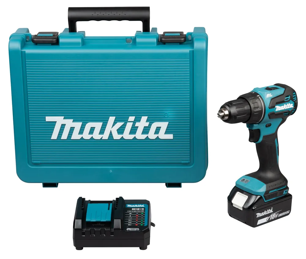 Pildil on Makita DDF490WF akutrell koos laadija ja tööriistakohvriga.