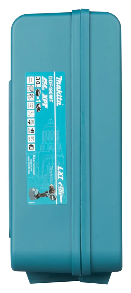 Pildil on näha sinine Makita DDF490WF akutrelli kohver.