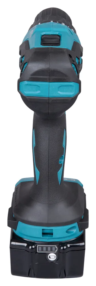 Pildil on näha Makita akutrell DDF490WF, millel on must ja türkiissinine korpus ning aku laetusest annab märku aku peal...