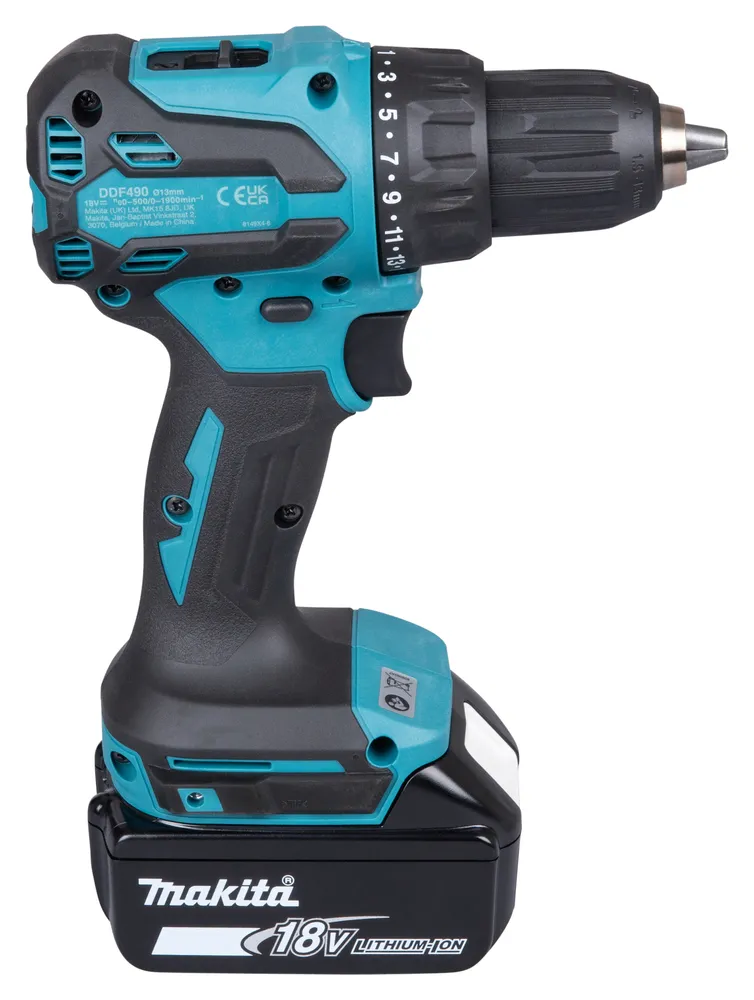 Pildil on Makita akutrell DDF490WF, millel on aku küljes.