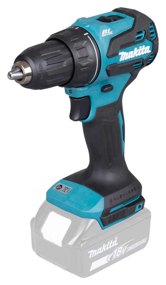 Pildil on Makita DDF490Z akutrell, millel on sinine ja must disain, ning see on varustatud ilma aku ja laadijata.