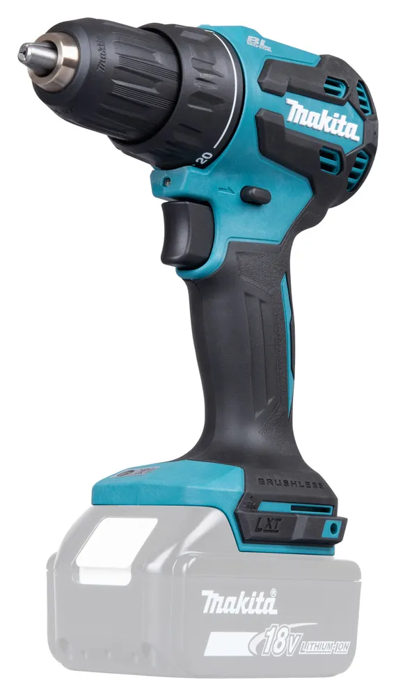 Pildil on Makita akutrell DDF490Z, millel on musta ja türkiissinise värvi kombinatsioon, sellel on otsas puuripea ja see...