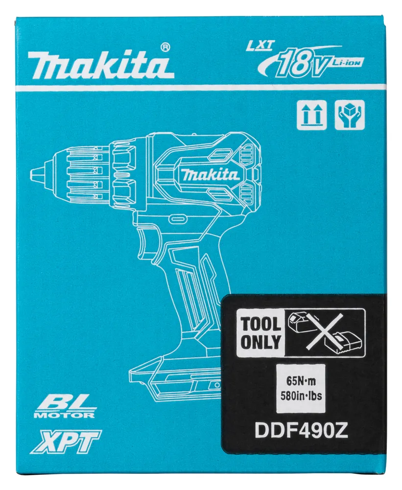 Pildil on Makita DDF490Z akutrelli pakend, mis näitab toote tüüpi ja erinevaid märke, sealhulgas "TOOL ONLY" märki, mis...